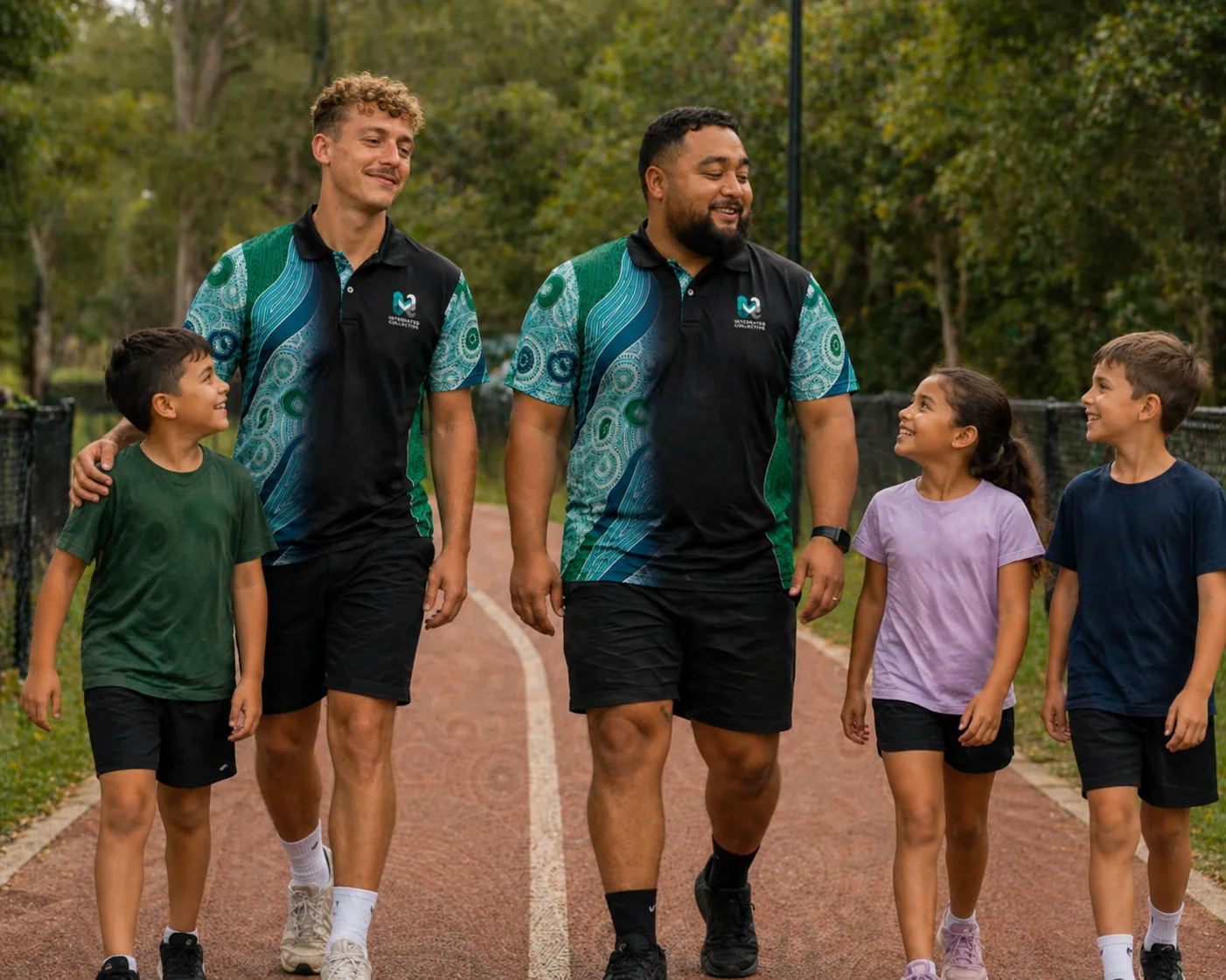 Integrated Collective staff walking with children on a community track